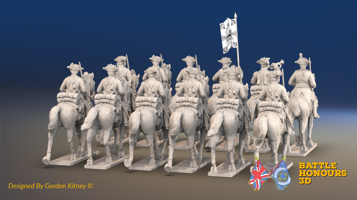 Seven Years’ War Prussian Cuirassier Regiment, rear render; 12 mounted figures. Supplied unpainted; flags not included.