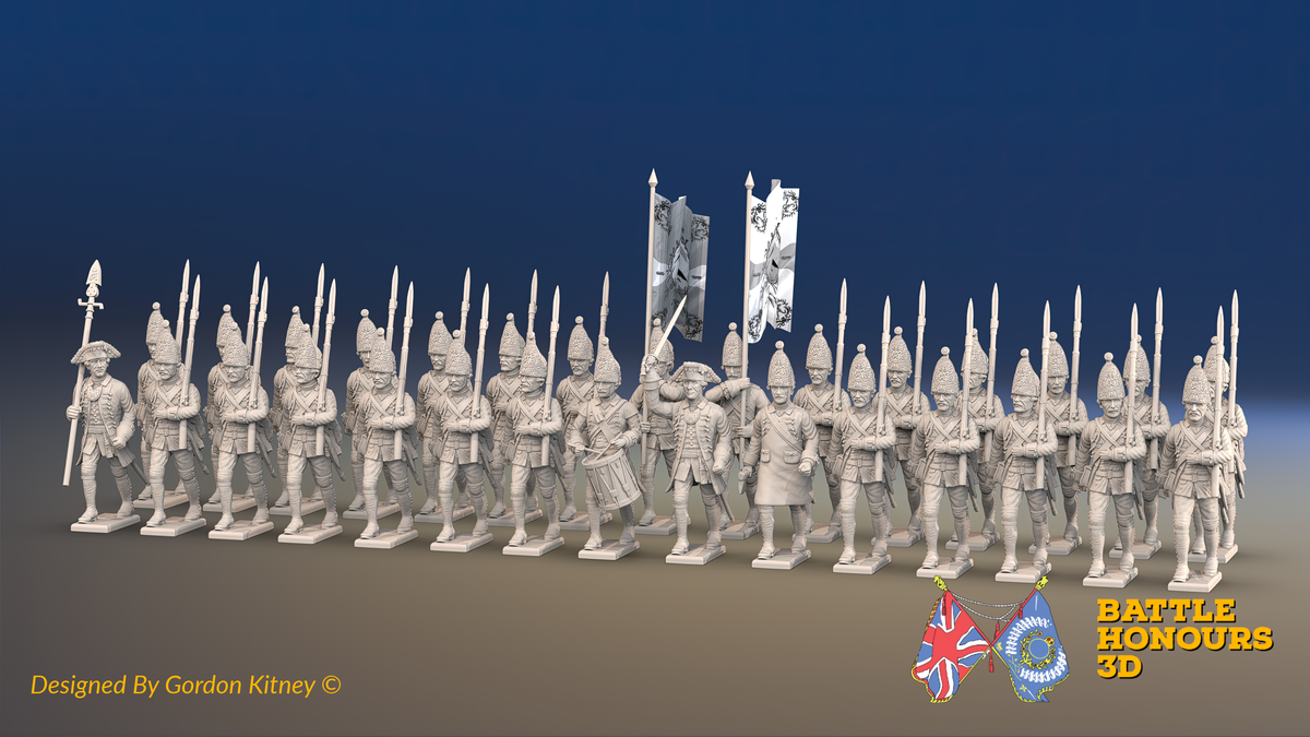 Seven Years’ War Prussian Grenadier Battalion - March Attack - 30 Figures, front view. Supplied unpainted.