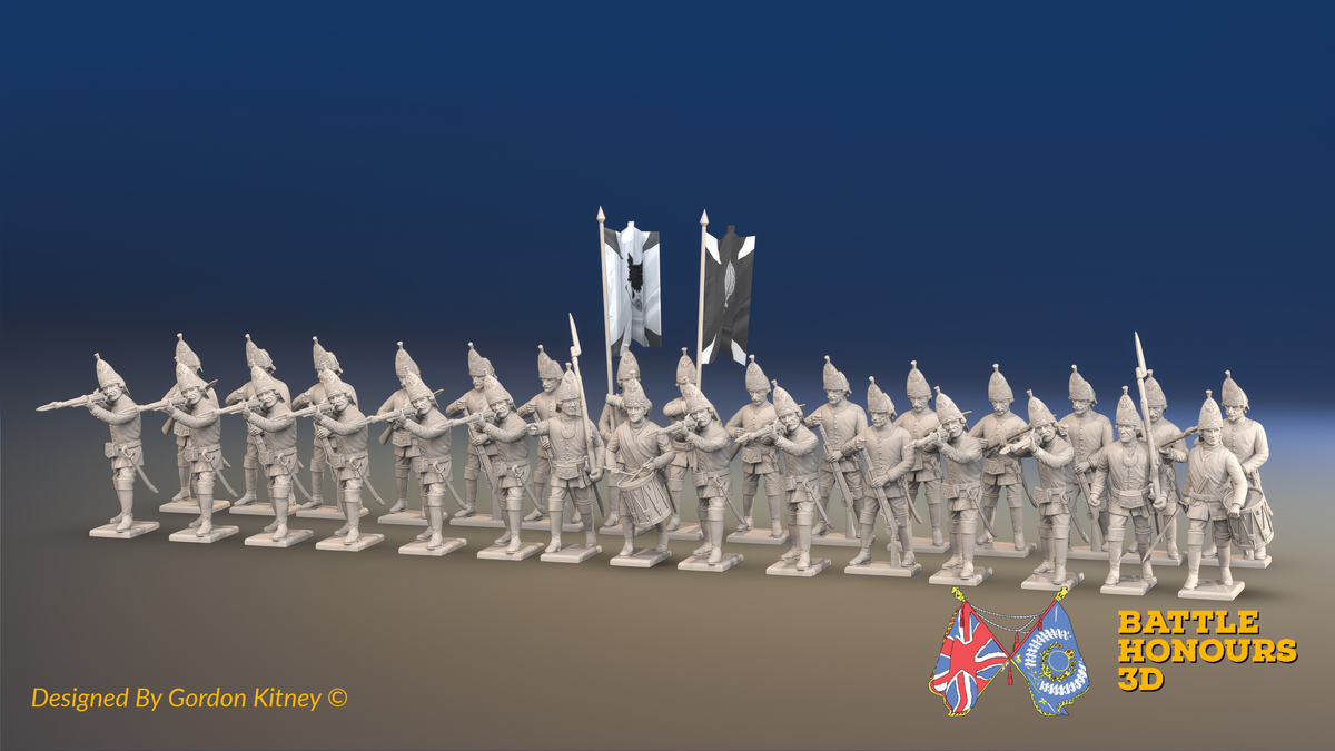 Seven Years’ War Russian Grenadier Battalion - Firing - Summer Uniform - Observation Corps - 30 Figures, front view. Supplied unpainted.