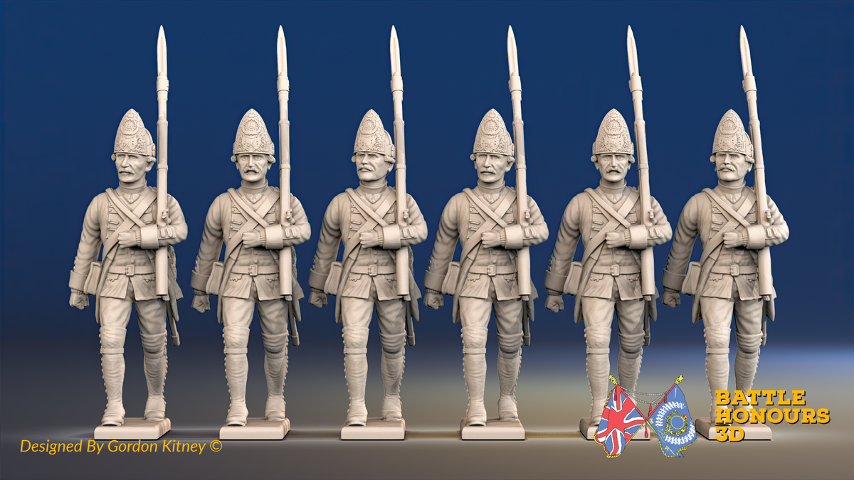 Seven Years’ War Prussian Fusiliers - March Attack - Set 2, front view. Supplied unpainted.