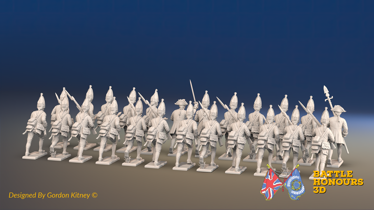 Seven Years’ War Prussian Grenadier Battalion - Charging - Plain Lapels and Straight Lapel Lace - 30 Figures, rear view. Supplied unpainted.