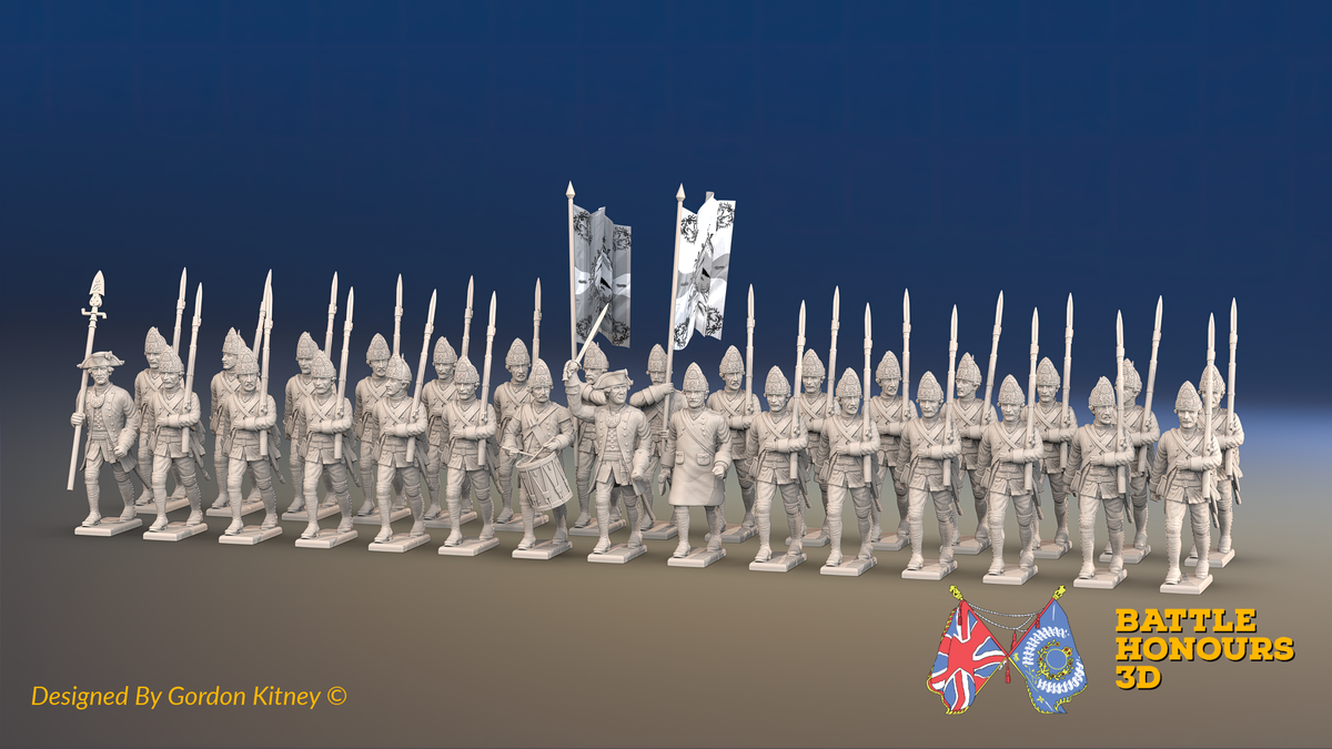 Seven Years’ War Prussian Fusilier Battalion - March Attack - Set 1 - 30 Figures, front view. Supplied unpainted.