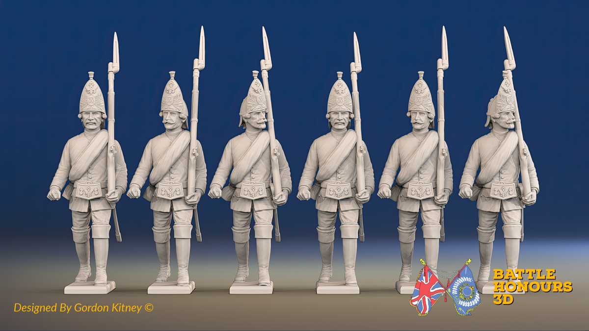 Seven Years’ War Russian Grenadiers - March Attack - Summer Uniform - Observation Corps - Rolled Coats, front view. Supplied unpainted.
