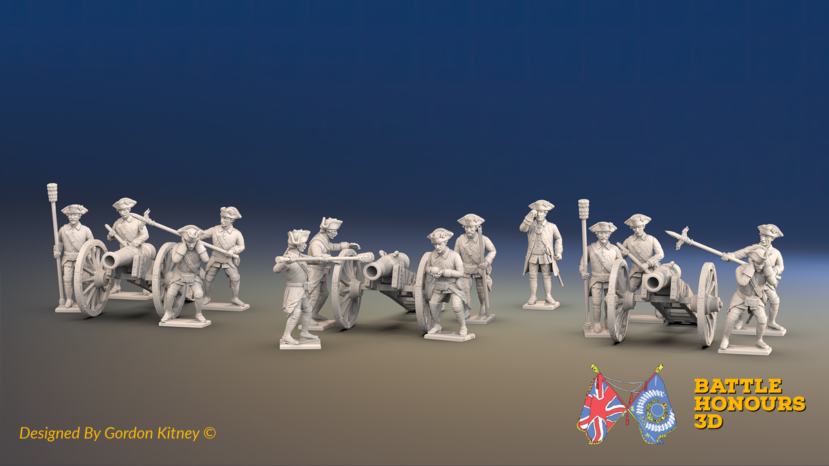 Seven Years’ War Russian Artillery Battery - 8-Pounders - Unicorns - Winter Uniform - 3 Guns and 13 Figures, front view. Supplied unpainted.