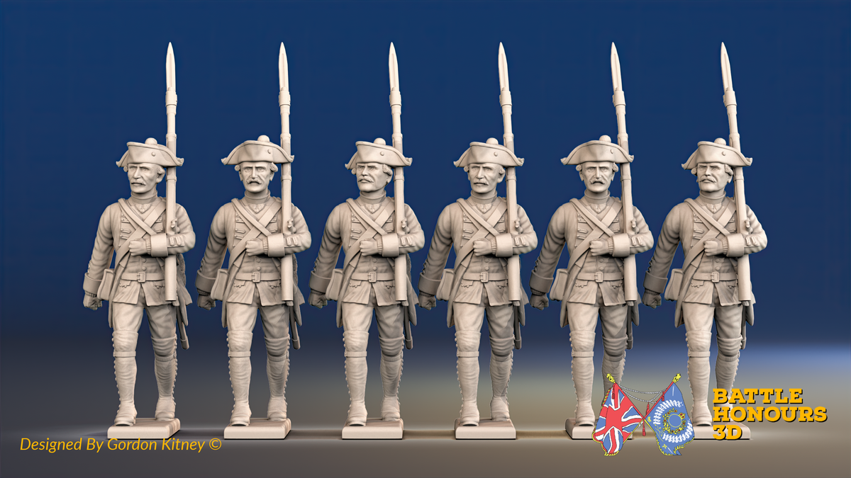 Seven Years’ War Prussian Musketeers - March Attack - Set 2, front view. Supplied unpainted.