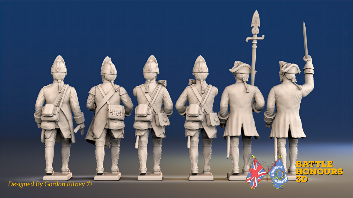 Seven Years’ War Prussian Fusiliers Command - March Attack - Set 1, rear view. Supplied unpainted.