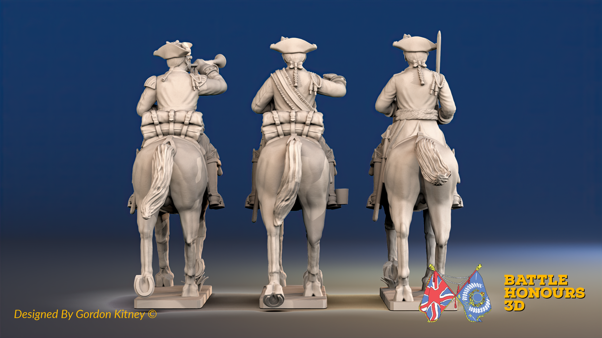 Seven Years’ War Prussian Dragoons Command - Trotting - Set 1 - Command 1, rear view. Supplied unpainted.