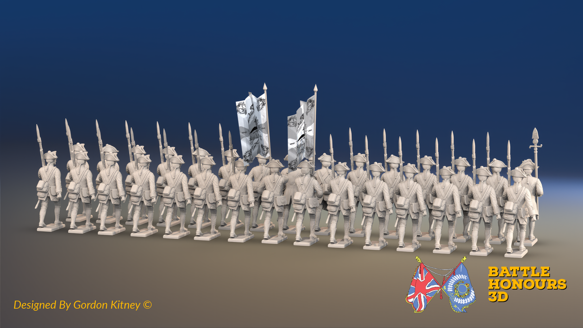 Seven Years’ War Prussian Musketeer Battalion - March Attack - Set 3 - 30 Figures, rear view. Supplied unpainted.