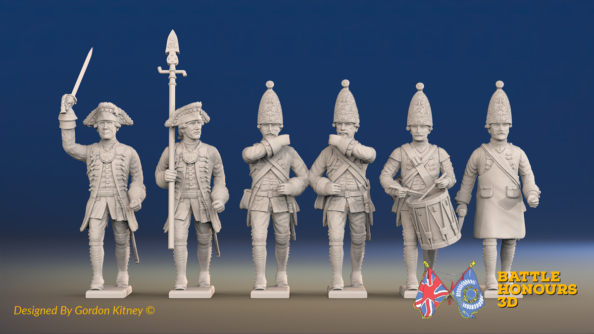 Seven Years’ War Prussian Grenadiers Command - March Attack - Set 15, front view. Supplied unpainted.