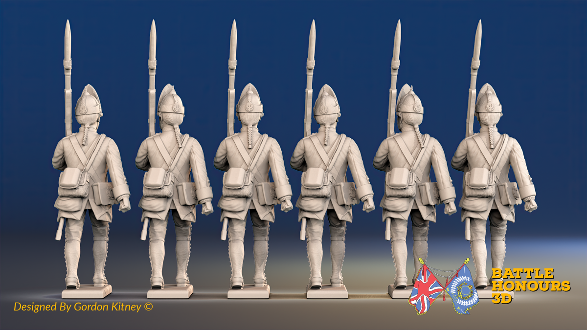 Seven Years’ War Prussian Fusiliers - March Attack - Set 3, rear view. Supplied unpainted.
