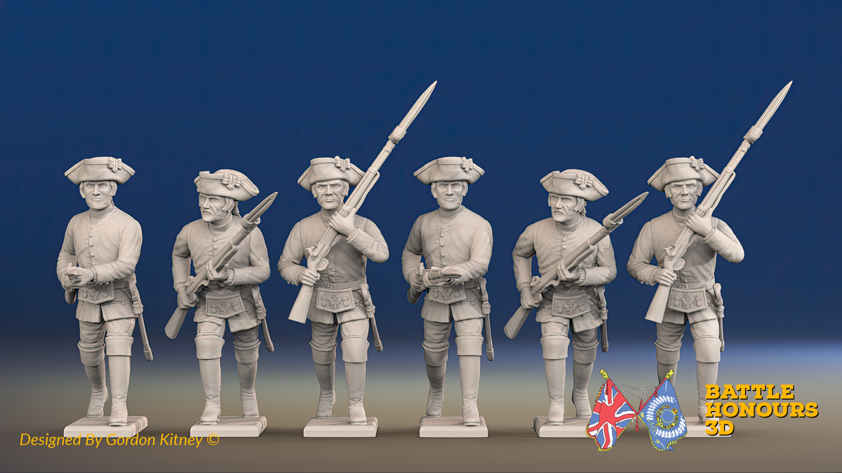 Seven Years’ War Russian Musketeers - Advancing - Summer Uniform - Observation Corps, front view. Supplied unpainted.