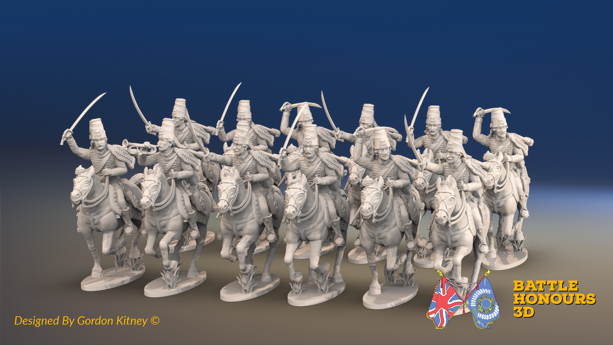 Seven Years’ War Prussian Hussar Regiment - Galloping - Mirlitons with Skull Badges - 12 Mounted Figures, front view. Supplied unpainted.