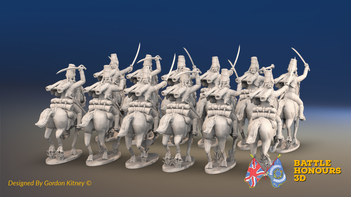 Seven Years’ War Prussian Hussar Regiment - Galloping - Mirlitons with Skull Badges - 12 Mounted Figures, rear view. Supplied unpainted.