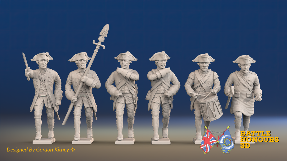 Seven Years’ War Prussian Garrison Musketeers Command - Charging - Set 4, front view. Supplied unpainted.
