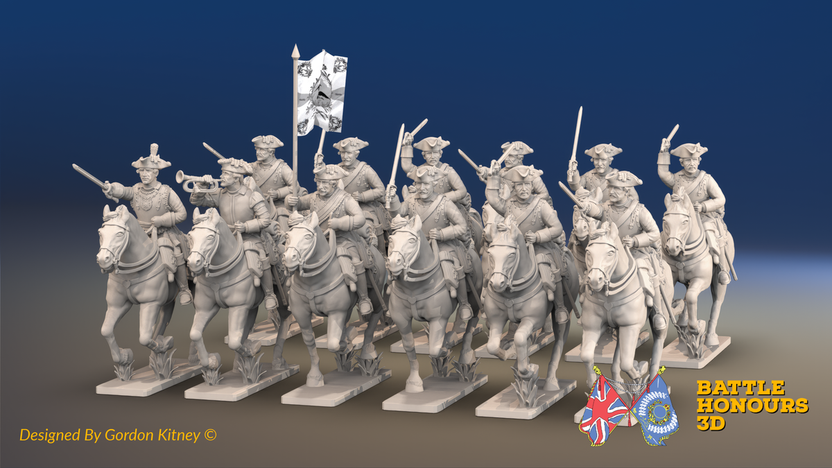 Seven Years’ War Prussian Cuirassier Regiment - Galloping - 12 Mounted Figures, front view. Supplied unpainted.