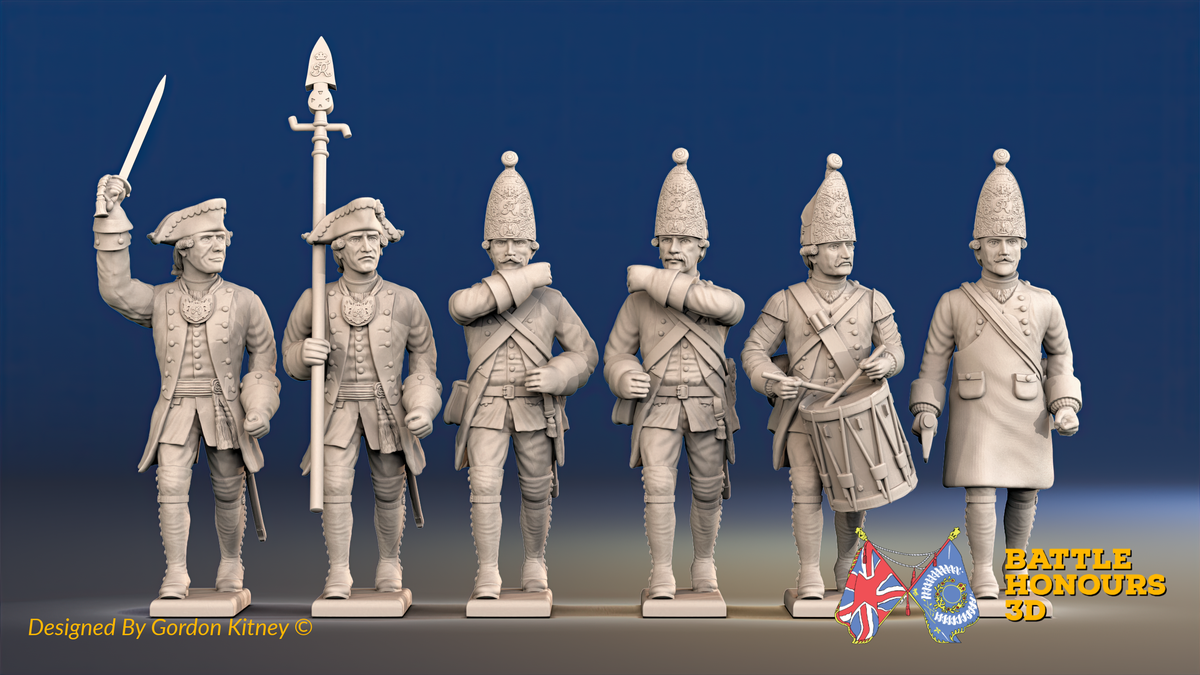 Seven Years’ War Prussian Grenadiers Command - March Attack - Plain Lapels, front view. Supplied unpainted.