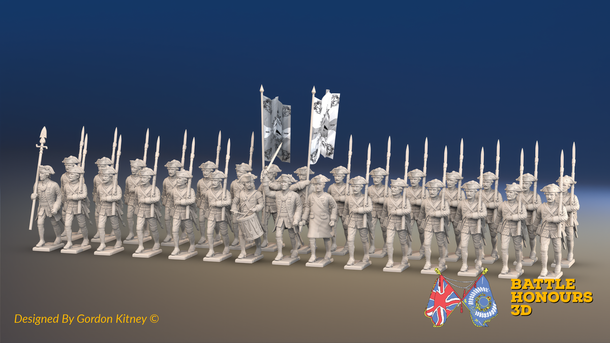 Seven Years’ War Prussian Musketeer Battalion - March Attack - Set 2 - 30 Figures, front view. Supplied unpainted.
