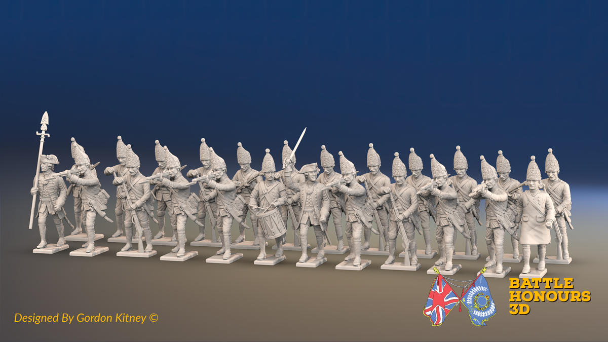 Seven Years’ War Prussian Grenadier Battalion - Firing Line - Plain Lapels and Coats Without Lapels - 30 Figures, front view. Supplied unpainted.