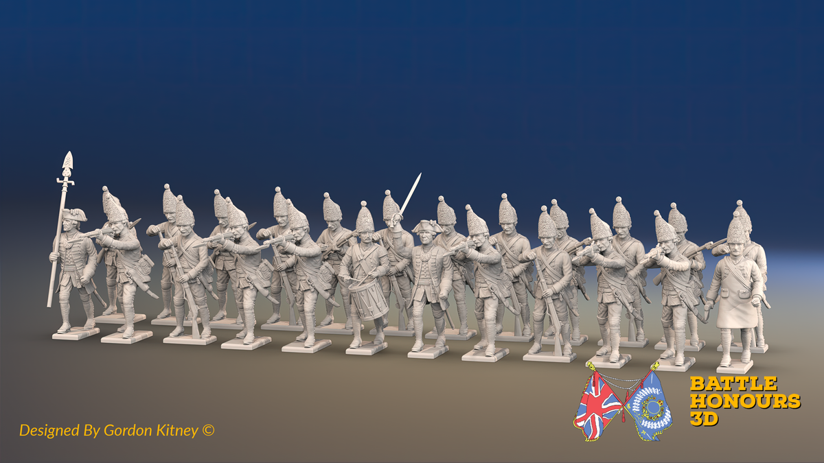 Seven Years’ War Prussian Grenadier Battalion - Firing Line - Plain Lapels and Straight Lapel Lace - 30 Figures, front view. Supplied unpainted.