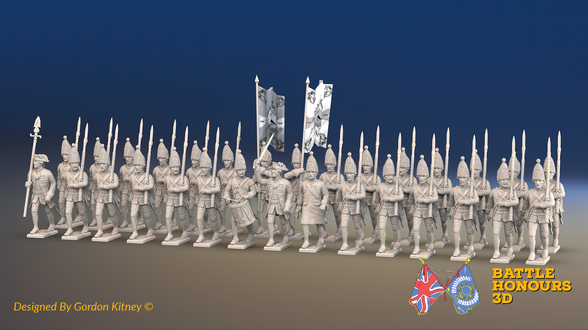 Seven Years’ War Prussian Grenadier Battalion - March Attack - Long Cuff Lace - 30 Figures, front view. Supplied unpainted.