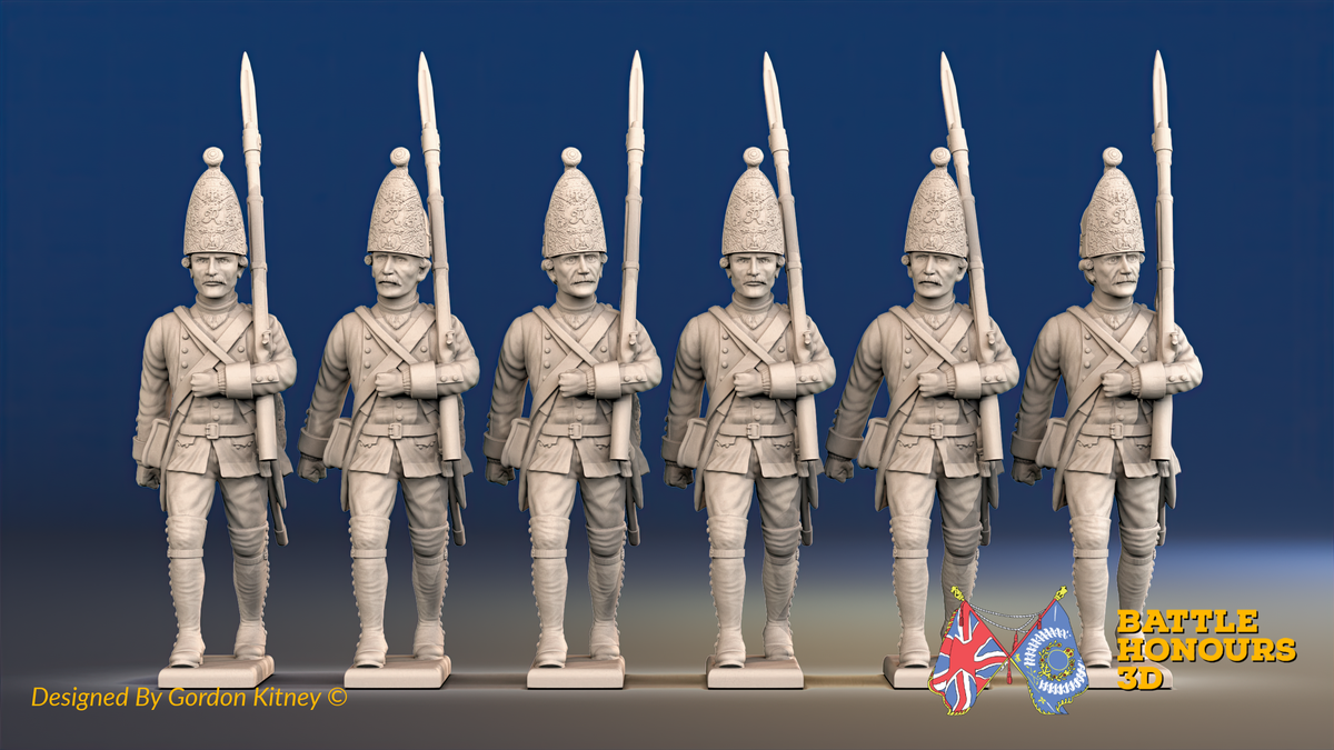 Seven Years’ War Prussian Grenadiers - March Attack - Plain Lapels, front view. Supplied unpainted.