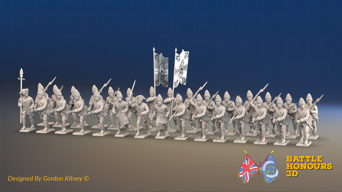 Seven Years’ War Prussian Fusilier Battalion - Charging - Pointed Lapel Lace - 30 Figures, front view. Supplied unpainted.