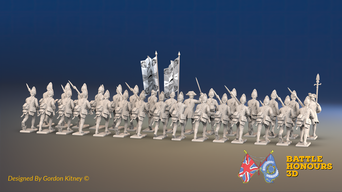 Seven Years’ War Prussian Fusilier Battalion - Charging - Pointed Lapel Lace - 30 Figures, rear view. Supplied unpainted.