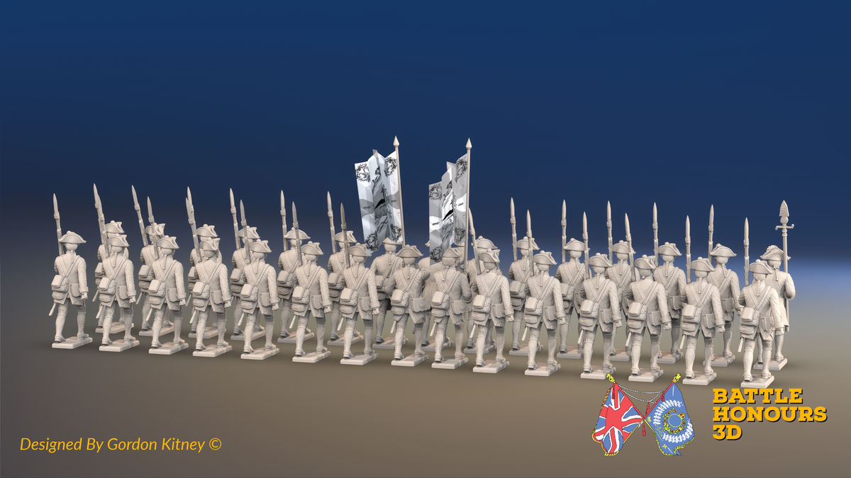 Seven Years’ War Prussian Musketeer Battalion - March Attack - Set 1 - 30 Figures, rear view. Supplied unpainted.