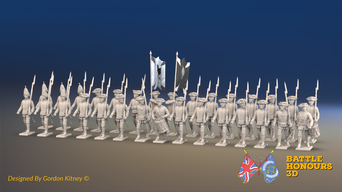 Seven Years’ War Russian Musketeer Battalion - March Attack - Summer Uniform - Observation Corps - 30 Figures, front view. Supplied unpainted.