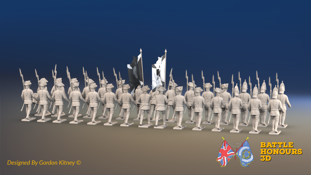 Seven Years’ War Russian Musketeer Battalion - March Attack - Summer Uniform - Observation Corps - 30 Figures, rear view. Supplied unpainted.