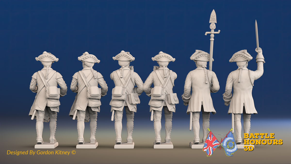 Seven Years’ War Prussian Musketeers Command - March Attack - Set 15, rear view. Supplied unpainted.