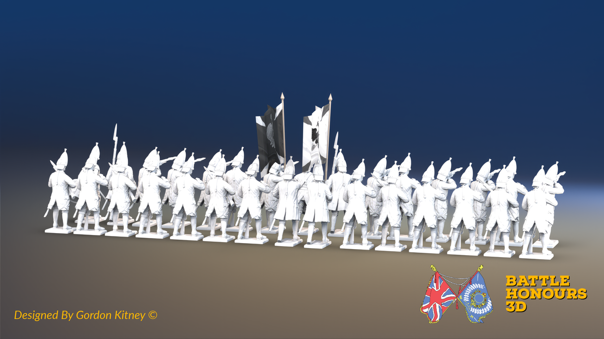 Seven Years’ War Russian Grenadier Battalion - Firing - Winter Uniform - Observation Corps - 30 Figures, rear view. Supplied unpainted.