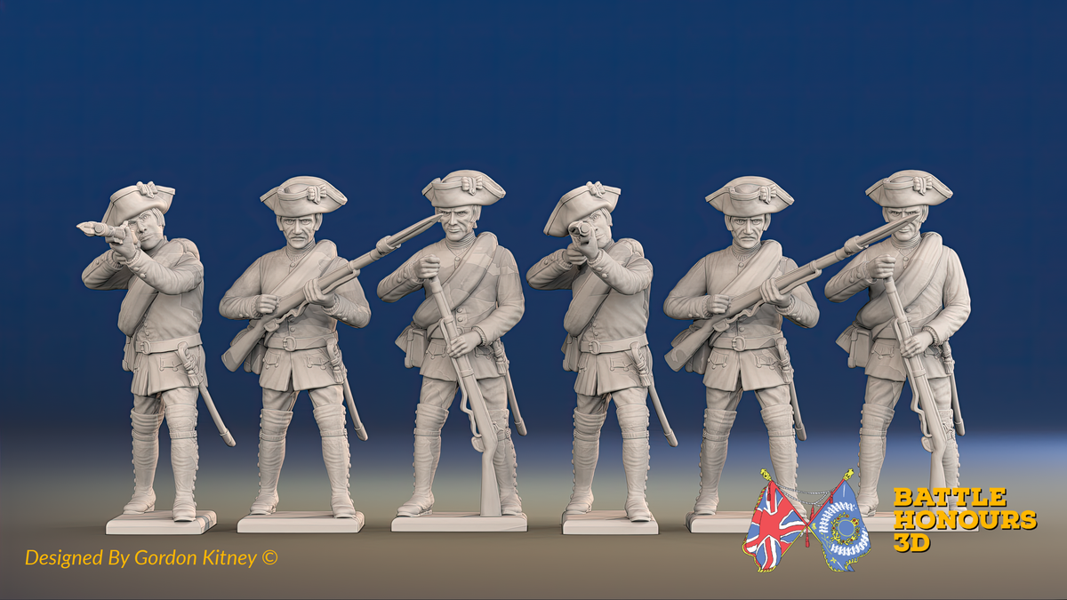 Seven Years’ War Russian Musketeers - Firing - Summer Uniform - Rolled Cloaks, front view. Supplied unpainted.
