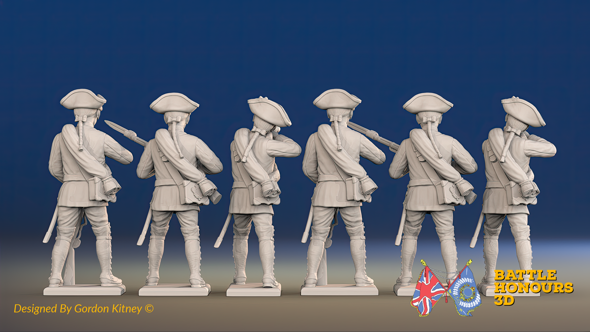 Seven Years’ War Russian Musketeers - Firing - Summer Uniform - Rolled Cloaks, rear view. Supplied unpainted.