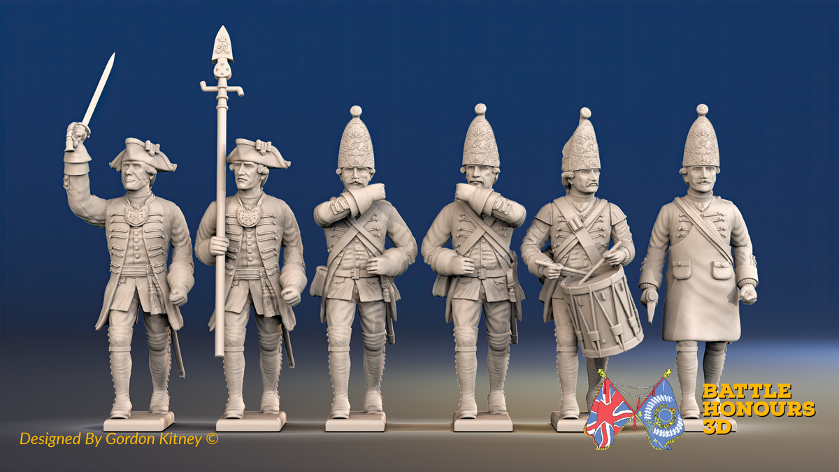 Seven Years’ War Prussian Grenadiers Command - March Attack - Pointed Lapel Lace, front view. Supplied unpainted.