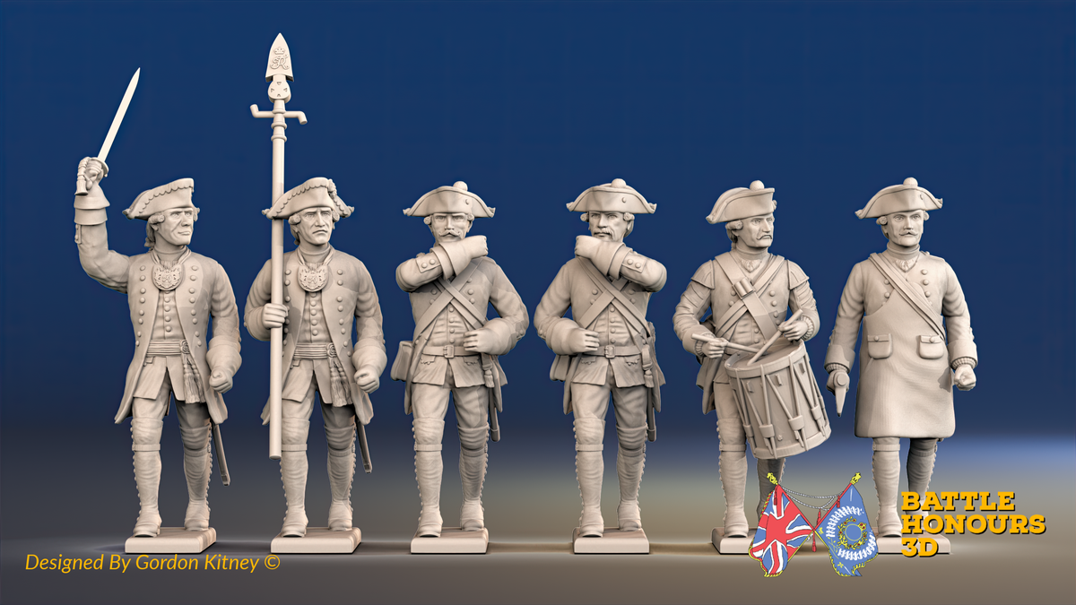 Seven Years’ War Prussian Garrison Musketeers Command - March Attack - Set 4, front view. Supplied unpainted.