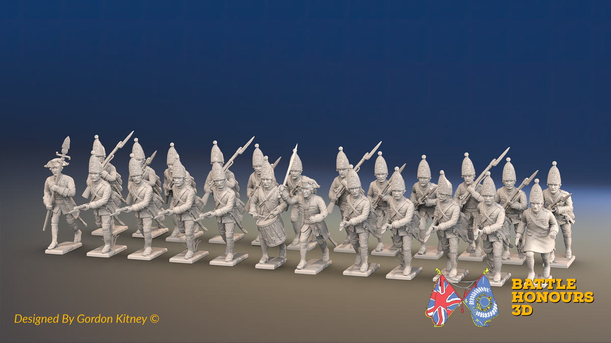 Seven Years’ War Prussian Grenadier Battalion - Charging - Plain Lapels and Pointed Lapel Lace - 30 Figures, front view. Supplied unpainted.