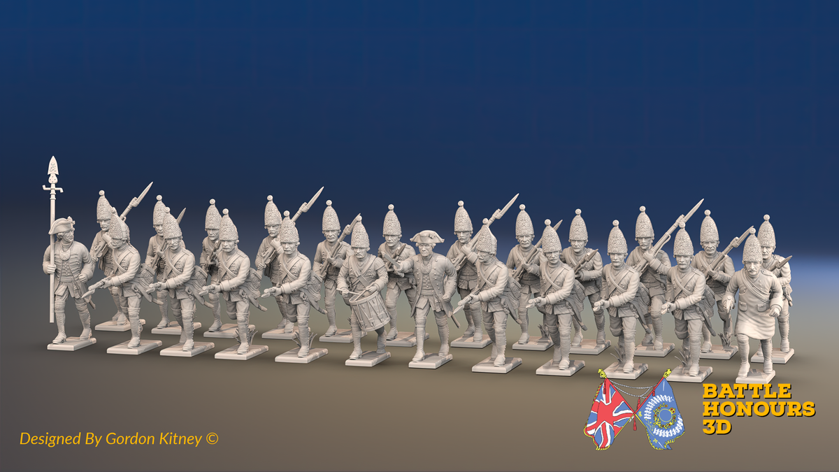 Seven Years’ War Prussian Grenadier Battalion - Charging - Pointed Lapel Lace and Coats Without Lapels - 30 Figures, front view. Supplied unpainted.