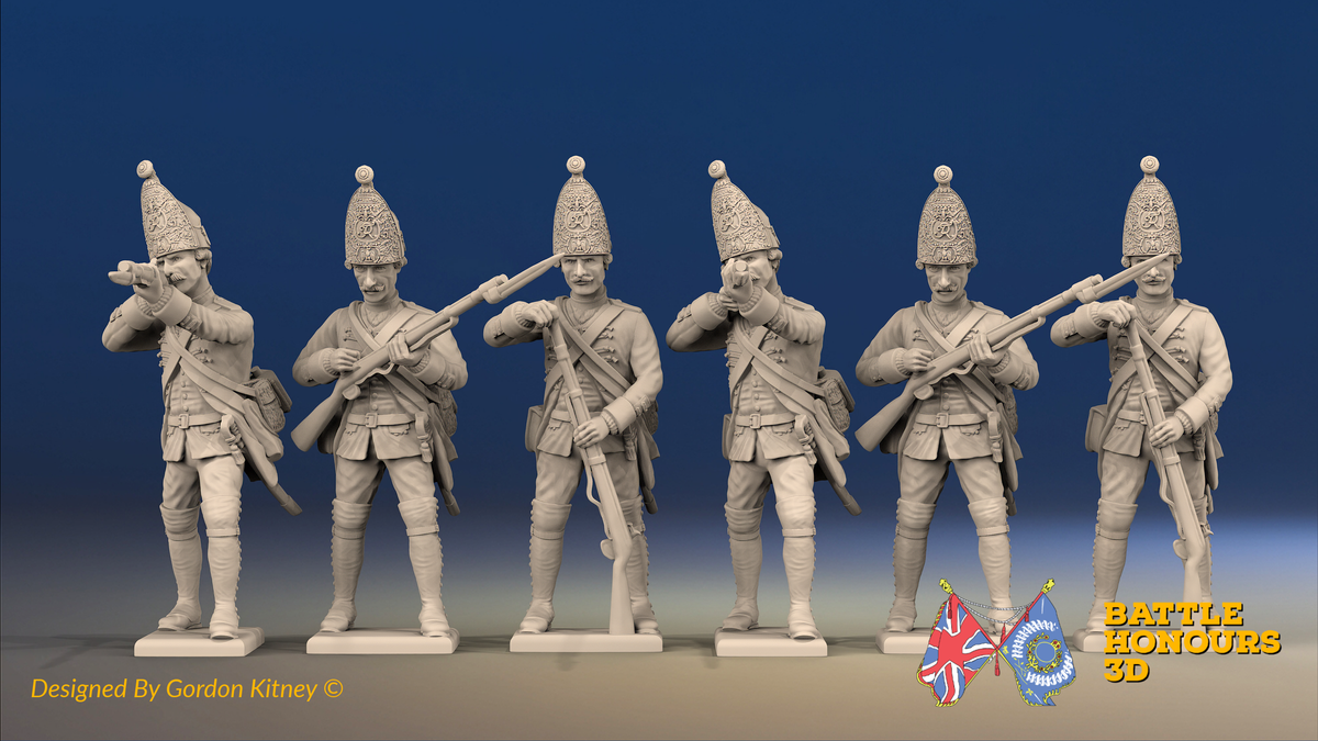 Seven Years’ War Prussian Grenadiers - Firing Line - Pointed Lapel Lace, front view. Supplied unpainted.