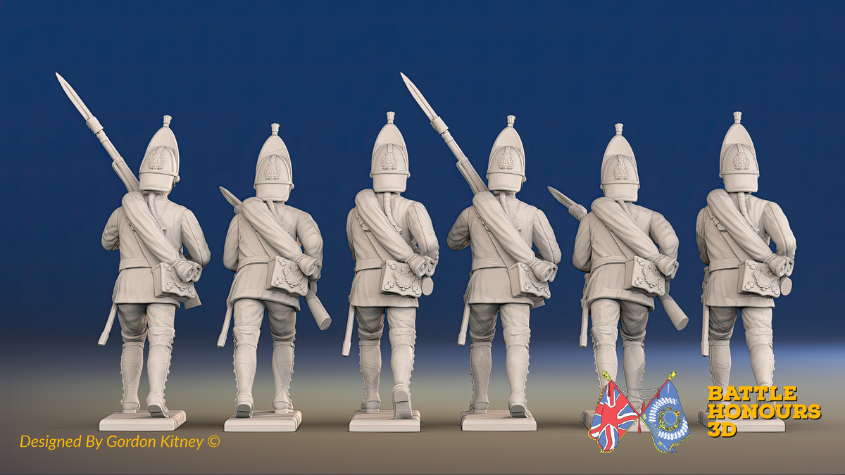 Seven Years’ War Russian Grenadiers - Advancing - Summer Uniform - Rolled Coats, rear view. Supplied unpainted.