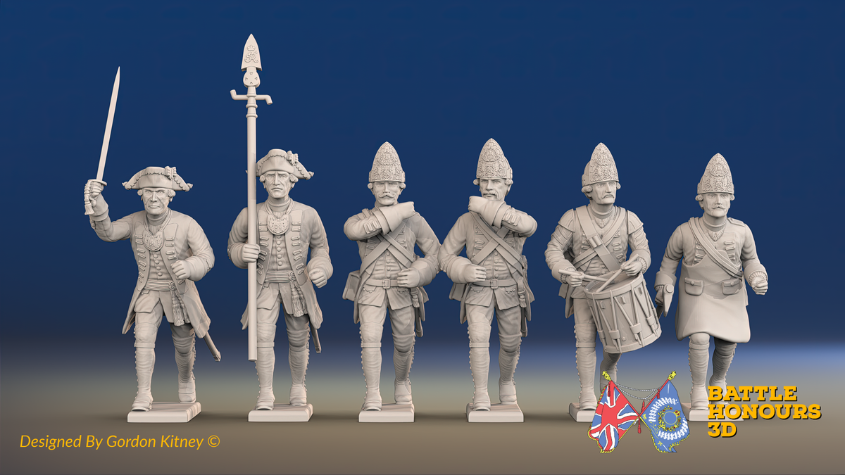Seven Years’ War Prussian Fusiliers Command - Charging - Straight Lapel Lace, front view. Supplied unpainted.