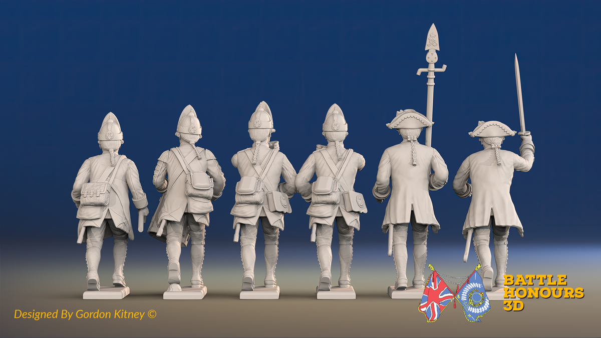 Seven Years’ War Prussian Fusiliers Command - Charging - Straight Lapel Lace, rear view. Supplied unpainted.