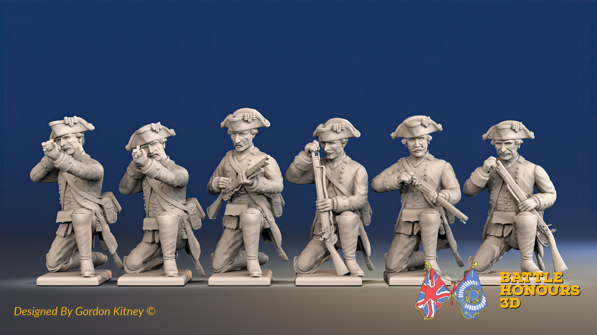 Seven Years’ War Prussian Jägers - Kneeling Skirmishers - Boots and Plain Lapels, front view. Supplied unpainted.