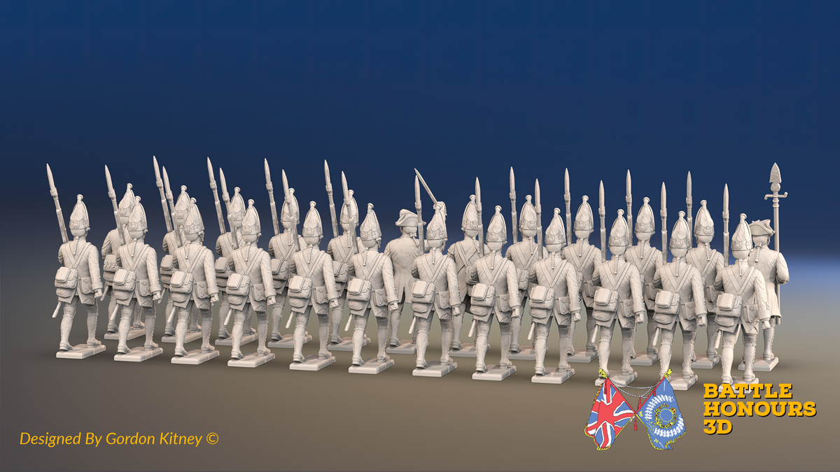 Seven Years’ War Prussian Grenadier Battalion - March Attack - Pointed Lapel Lace and Coats Without Lapels - 24 Figures, rear view. Supplied unpainted.