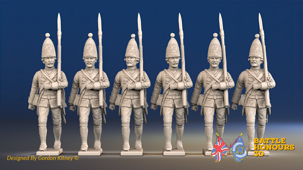 Seven Years’ War Prussian Grenadiers - March Attack - Straight Lapel Lace, front view. Supplied unpainted.