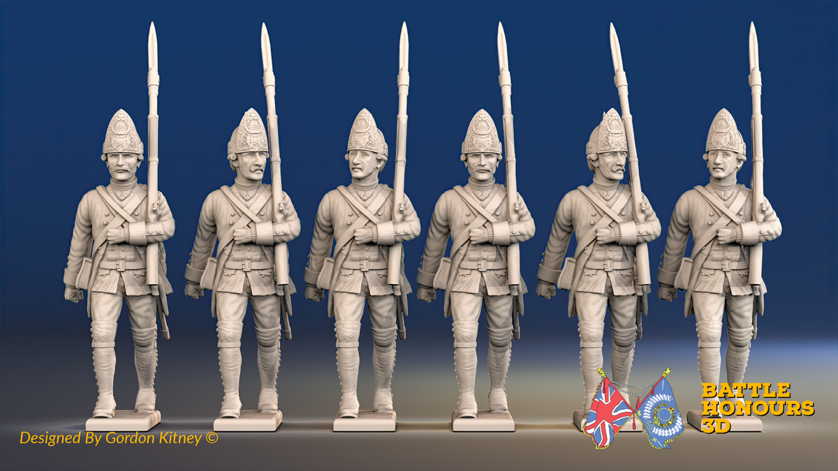 Seven Years’ War Prussian Fusiliers - March Attack - Set 1, front view. Supplied unpainted.