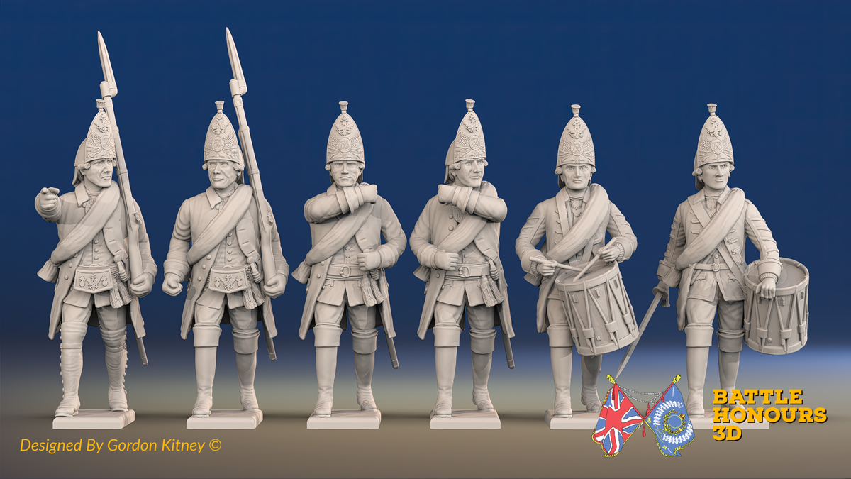 Seven Years’ War Russian Grenadiers Command - Winter Uniform - Observation Corps - Rolled Coats, front view. Supplied unpainted.