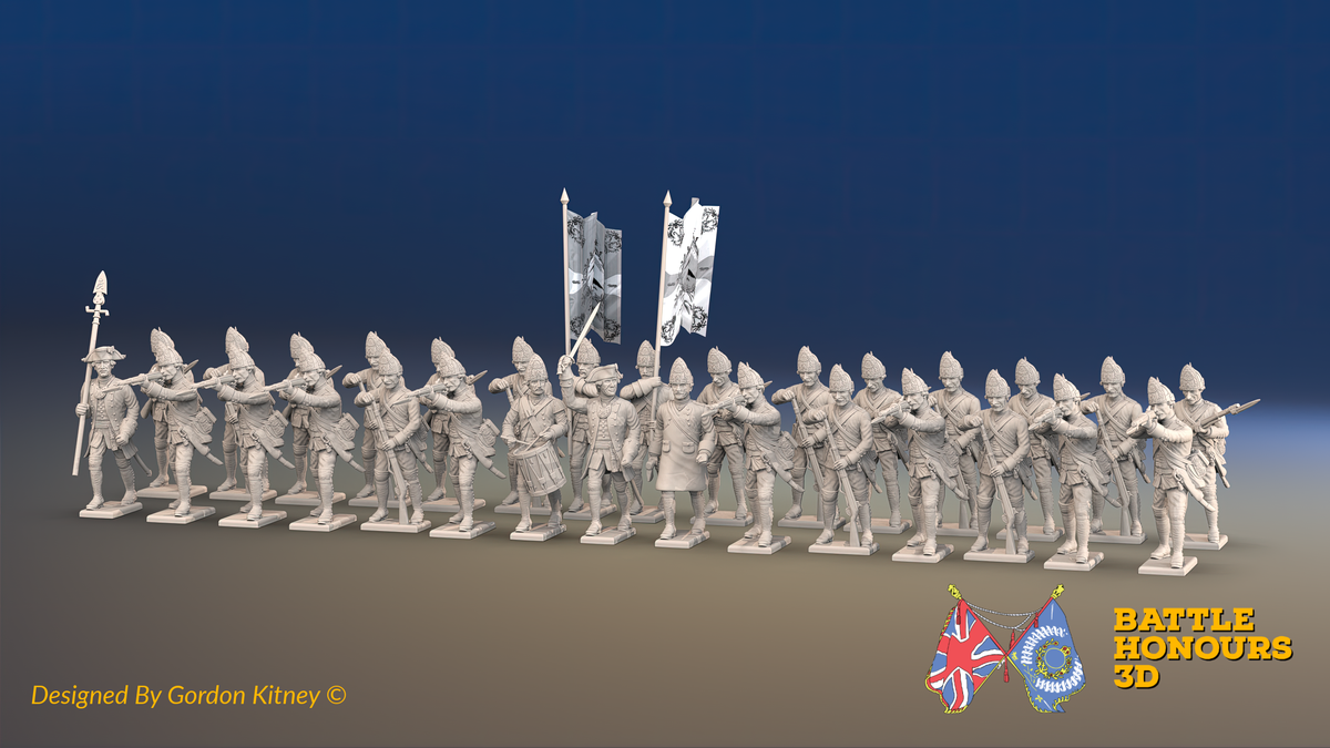 Seven Years’ War Prussian Fusilier Battalion - Firing Line - Set 1 - 30 Figures, front view. Supplied unpainted.