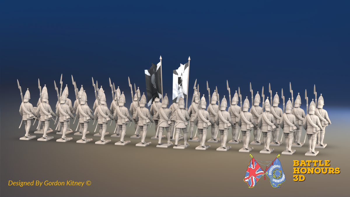 Seven Years’ War Russian Grenadier Battalion - March Attack - Summer Uniform - Rolled Coats - 30 Figures, rear view. Supplied unpainted.