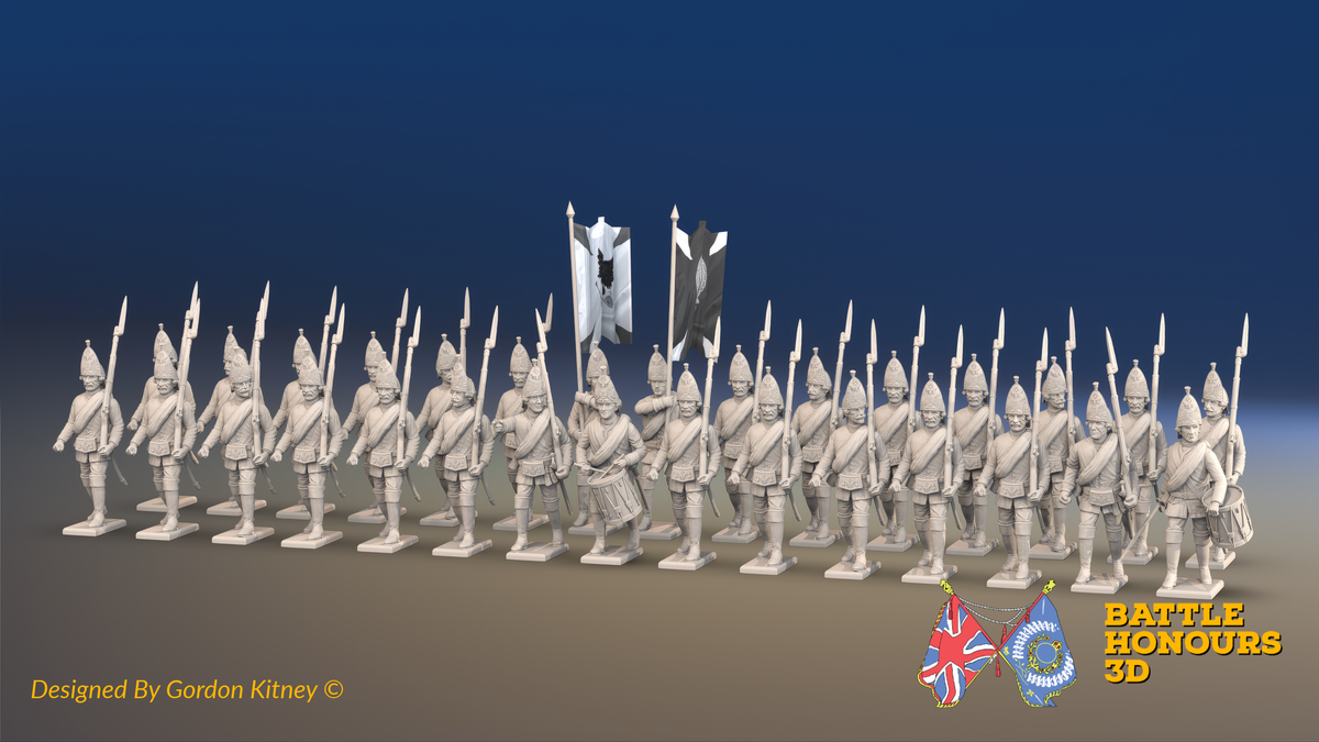 Seven Years’ War Russian Grenadier Battalion - March Attack - Summer Uniform - Observation Corps - Rolled Cloaks - 30 Figures, front view. Supplied unpainted.